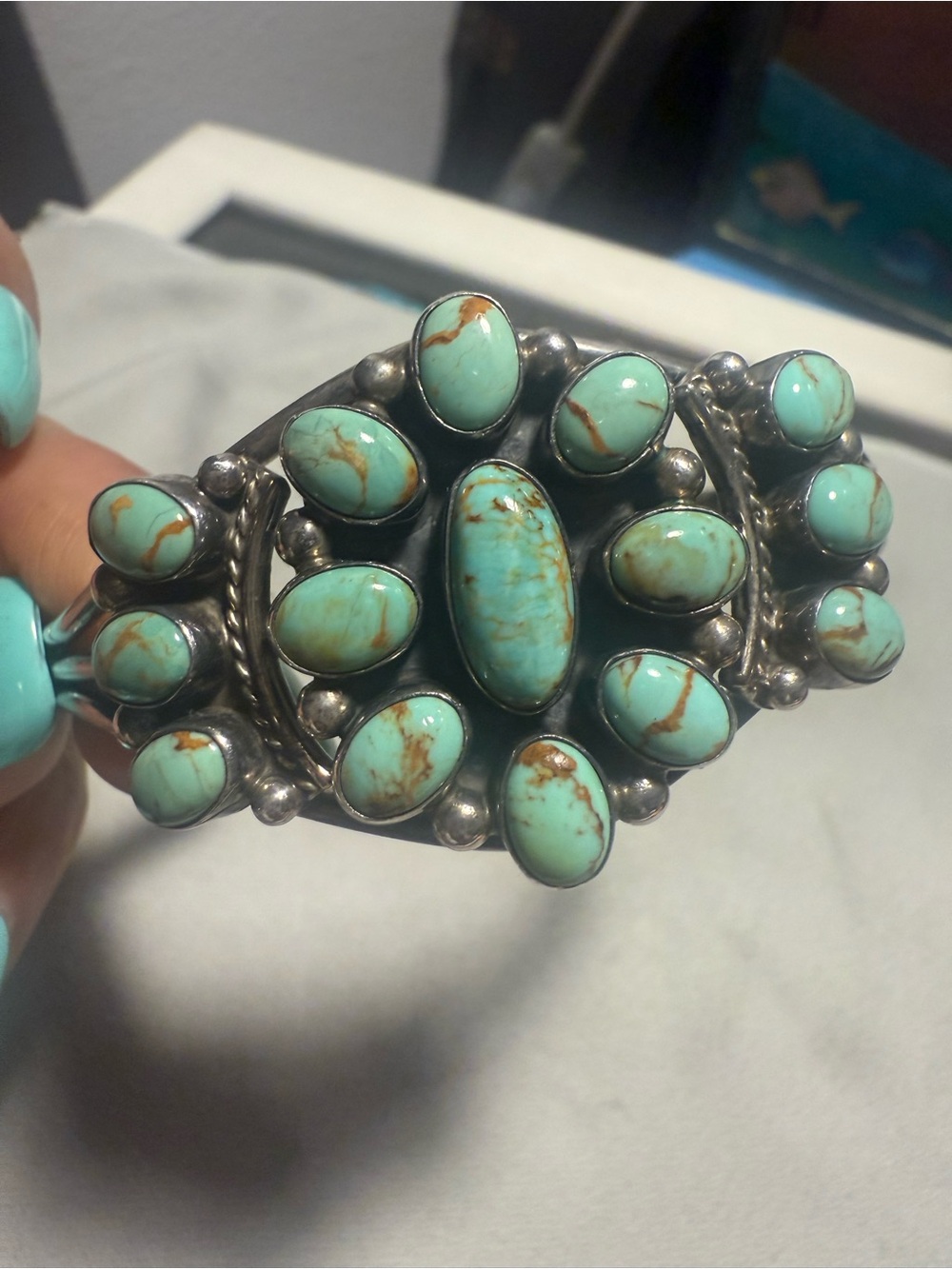 Sterling Turquoise Cluster Cuff Bracelet - green turquoise signed